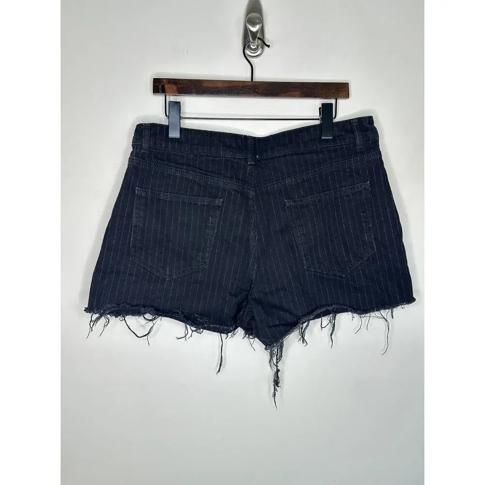 ANTHROPOLOGIE x MAEVE Pleated Menswear Pinstripe Denim Skort Black Sz 12 {G20}